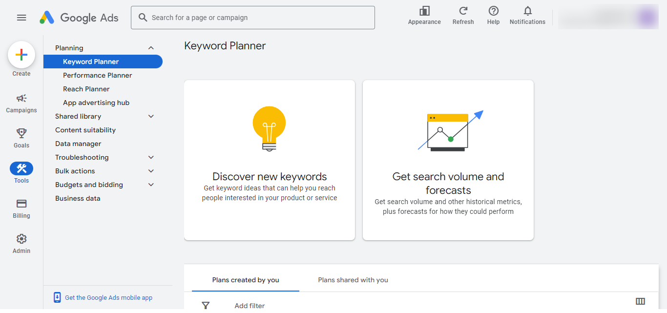 Google keyword planner dashboard