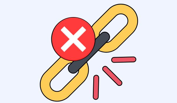 Stylized image of a broken chain link with a red X icon, symbolizing a broken or invalid hyperlink in web design or digital content.