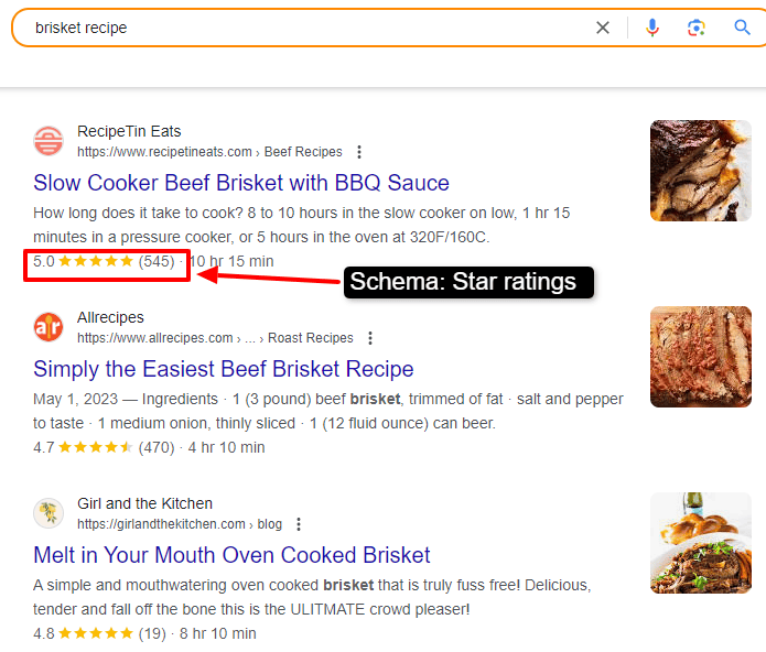 Google search results for 'brisket recipe' showing top-rated recipes with star ratings and cooking times