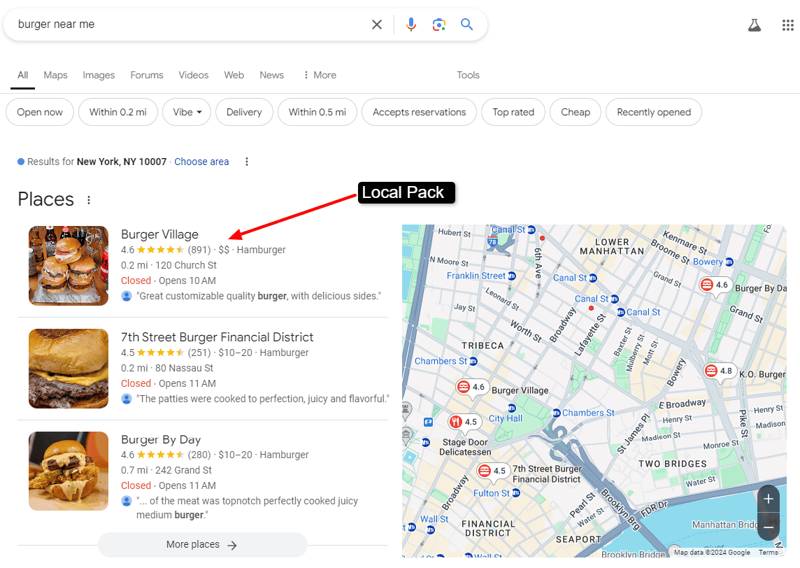 local search results for burger near me