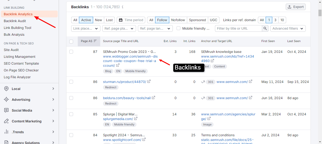 semrush backlink analysis feature