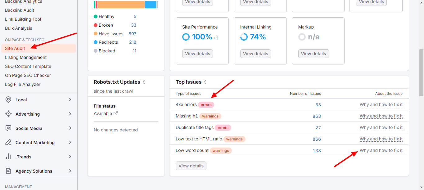 semrush site audit feature